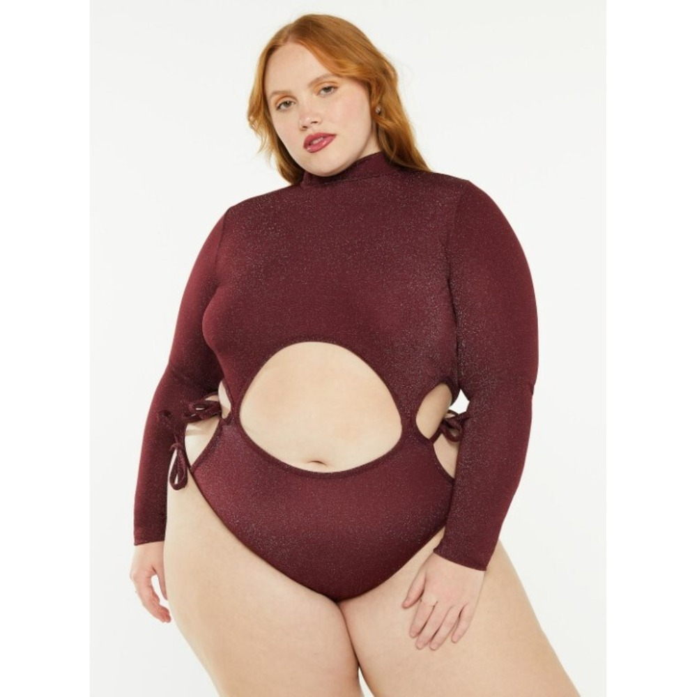 Savage X Fenty Womens 2X Red Shine Strappy Teddy Thong Bodysuit Mock Neck